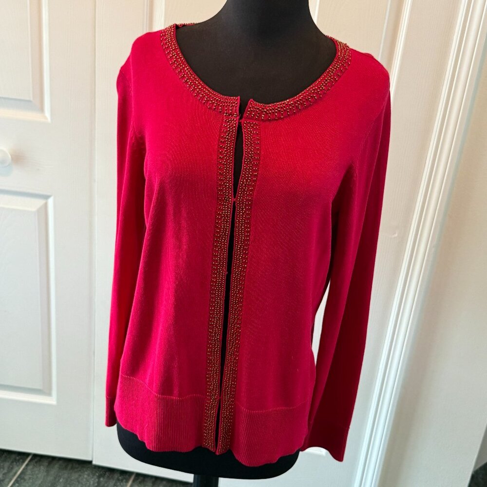 Red Coldwater Creek Cardigan sweater, gold trim, Size M